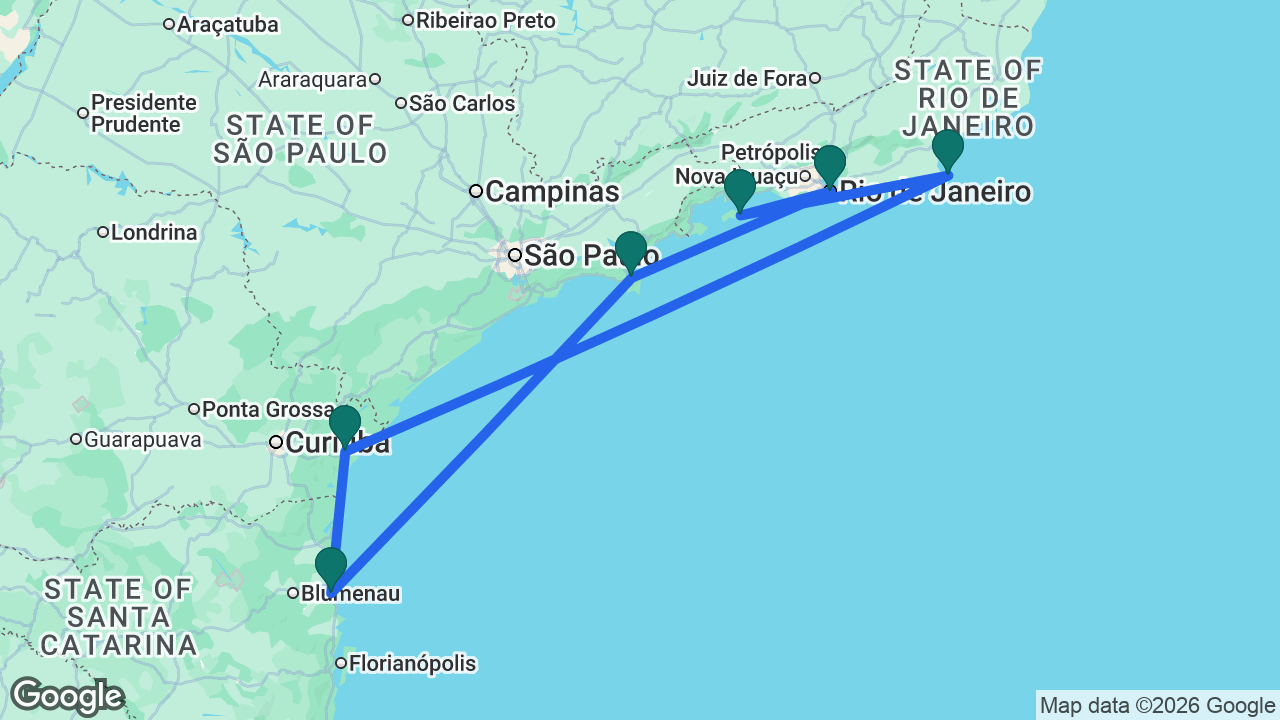 Route map: Rio -> Ilha Grande -> Búzios -> Paranaguá -> Itajaí -> Ilhabela -> Rio