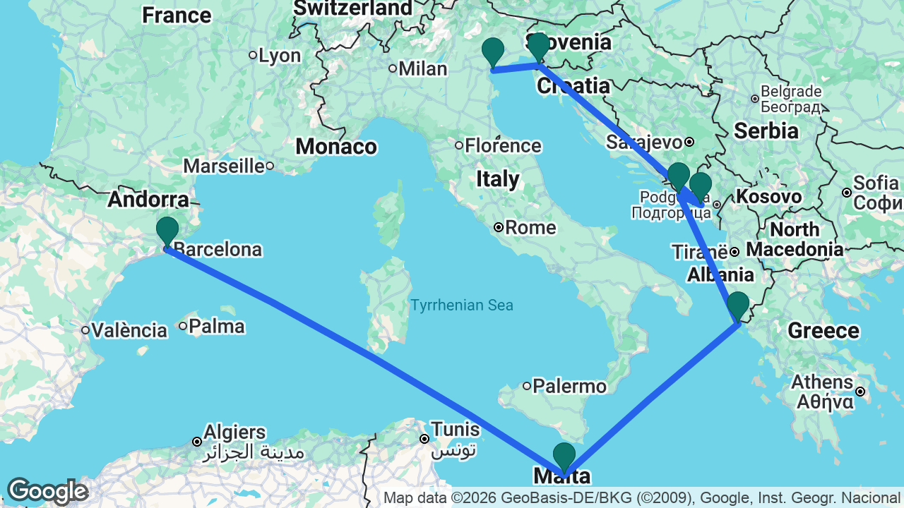 Route map: Barcelona -> Valletta -> Corfu -> Dubrovnik -> Kotor -> Koper -> Venice