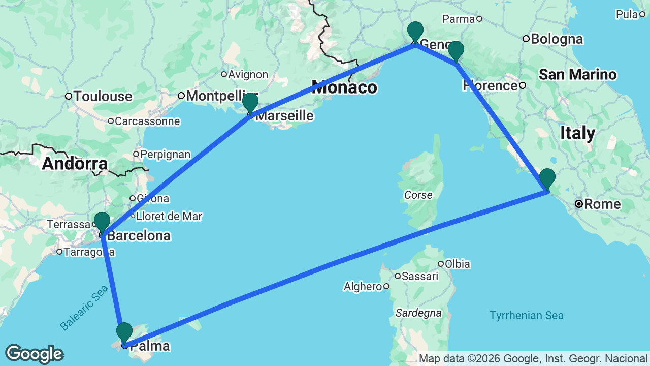 Route map: Rome -> Mallorca -> Barcelona -> Marseille -> Genoa -> La Spezia -> Rome