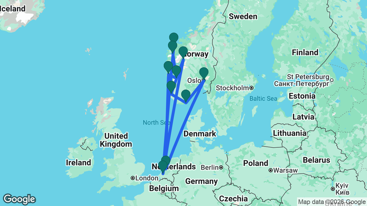 Route map: Rotterdam -> Ålesund -> Nordfjordeid -> Odda -> Bergen -> Amsterdam -> Oslo -> Kristiansand -> Sandnes -> Skjolden -> Rotterdam