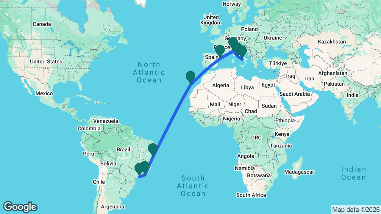 Route map: Naples -> Rome -> Genoa -> Tarragona -> Tenerife -> Salvador -> Rio -> Santos