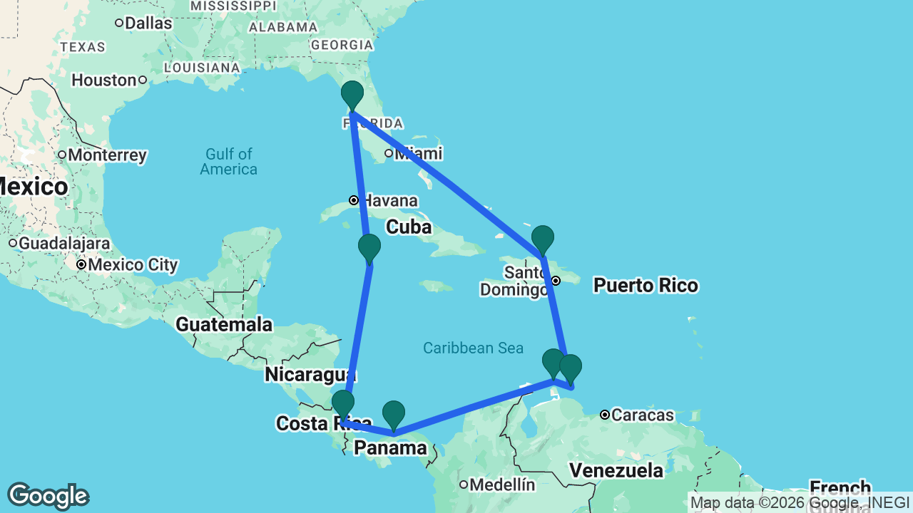 Route map: Tampa -> Grand Cayman -> Limón -> Colón -> Aruba -> Curaçao -> Amber Cove -> Tampa