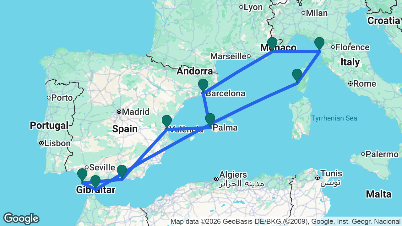 Route map: Barcelona -> Mallorca -> Valencia -> Motril -> Cádiz -> Gibraltar -> Ajaccio -> Florence -> Cannes -> Barcelona