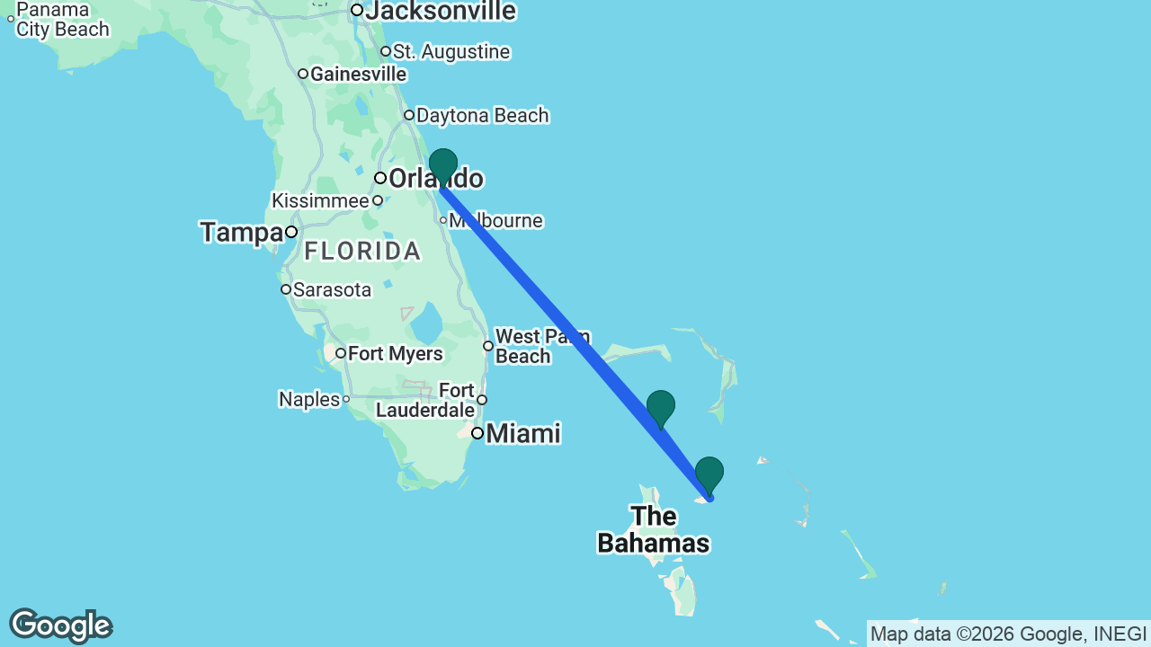 Route map: Port Canaveral -> Nassau -> CocoCay -> Port Canaveral