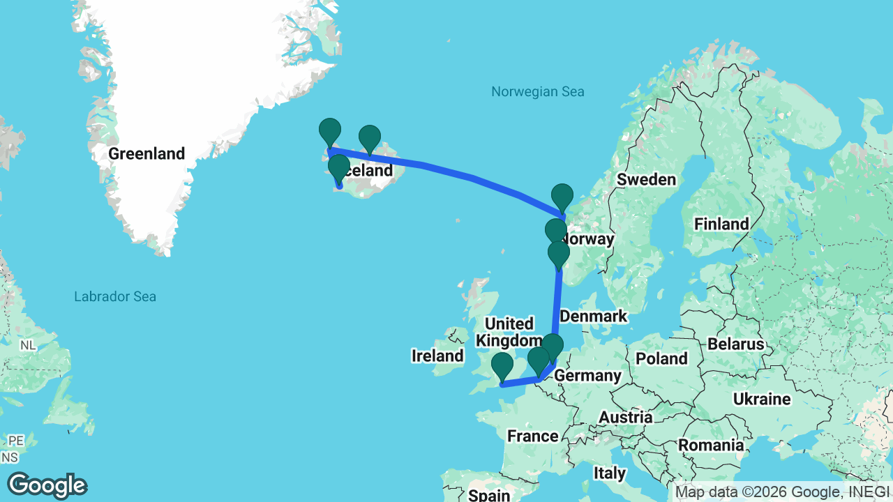 Route map: Southampton -> Bruges -> Amsterdam -> Stavanger -> Bergen -> Ålesund -> Akureyri -> Isafjordur -> Reykjavik