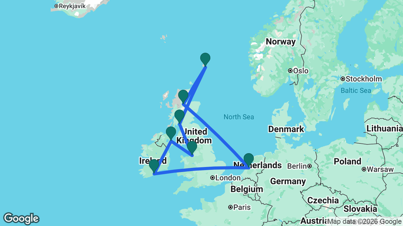 Route map: Amsterdam -> Cobh -> Belfast -> Liverpool -> Glasgow -> Lerwick -> Inverness -> Amsterdam
