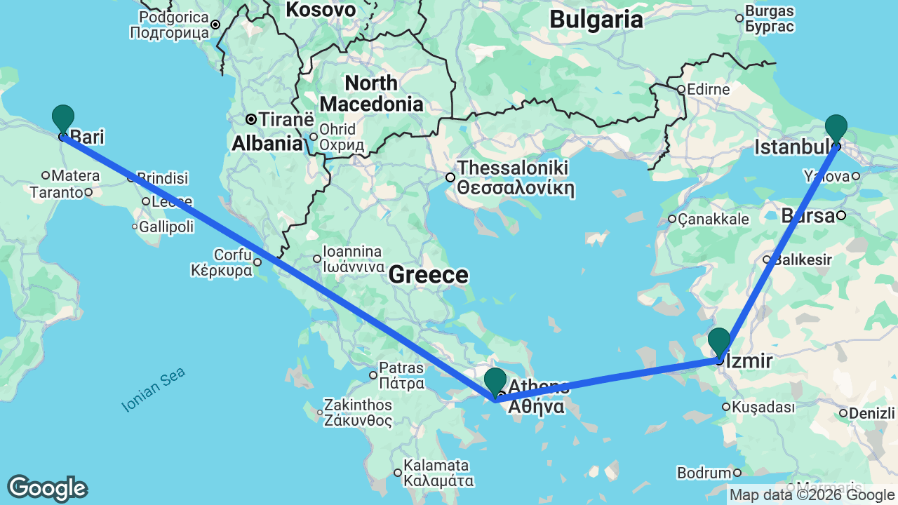 Route map: Bari -> Athens -> Izmir -> Istanbul