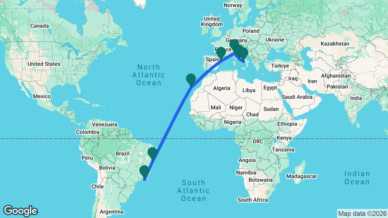 Route map: Naples -> Rome -> Genoa -> Tarragona -> Tenerife -> Salvador -> Rio