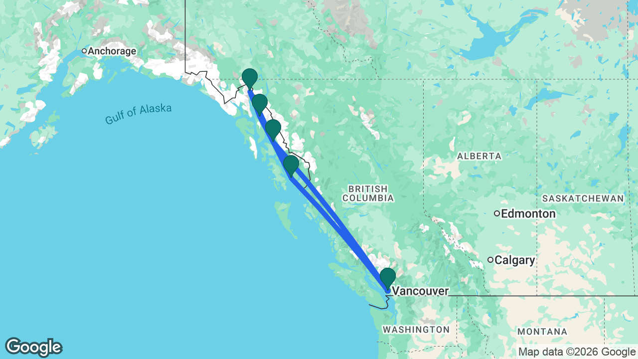 Route map: Vancouver -> Endicott Arm -> Skagway -> Juneau -> Ketchikan -> Vancouver