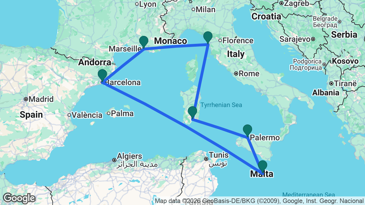Route map: Marseille -> Florence -> Cagliari -> Palermo -> Valletta -> Barcelona -> Marseille