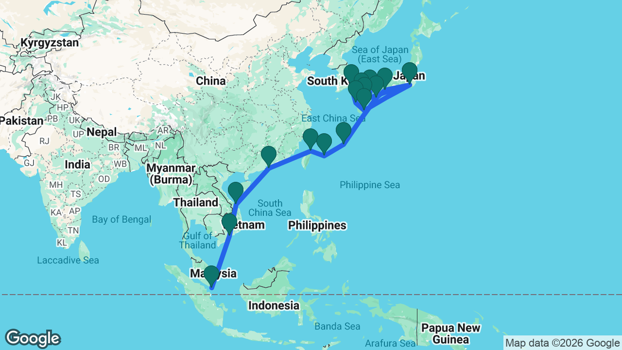Route map: Singapore -> Ho Chi Minh City -> Da Nang -> Hong Kong -> Keelung -> Ishigaki -> Naha -> Kochi -> Kobe -> Tokyo -> Beppu -> Hiroshima -> Kanmon Strait -> Busan -> Nagasaki -> Aburatsu -> Tokyo