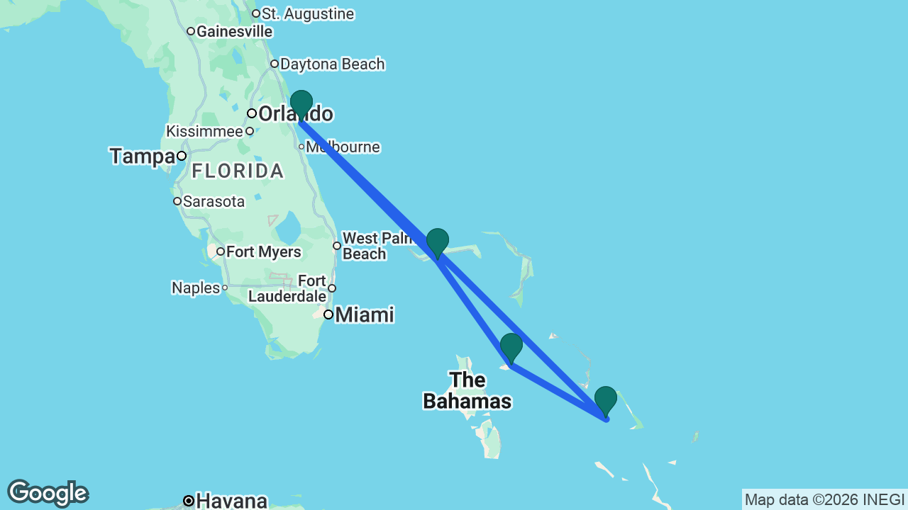 Route map: Port Canaveral -> Celebration Key -> Nassau -> Half Moon Cay -> Port Canaveral