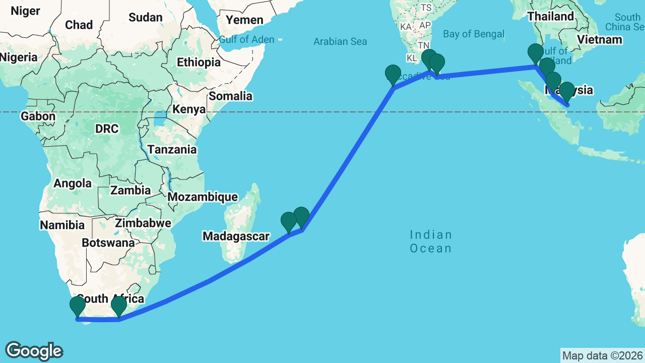 Route map: Singapore -> Kuala Lumpur -> Penang -> Phuket -> Hambantota -> Colombo -> Malé -> Port Louis -> Réunion (Le Port) -> Port Elizabeth -> Cape Town
