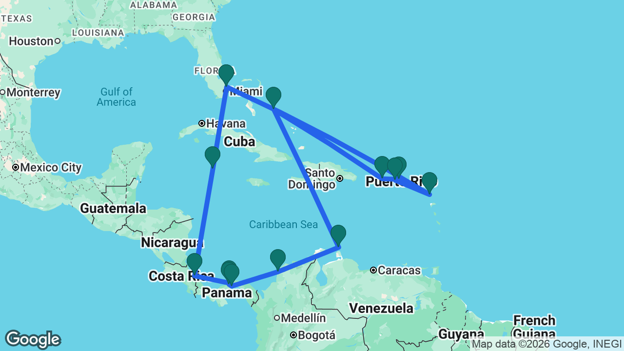 Route map: Fort Lauderdale -> Antigua -> St. Thomas -> Tortola -> San Juan -> Half Moon Cay -> Aruba -> Cartagena -> Panama Canal -> Gatún Lake -> Colón -> Limón -> Grand Cayman -> Fort Lauderdale
