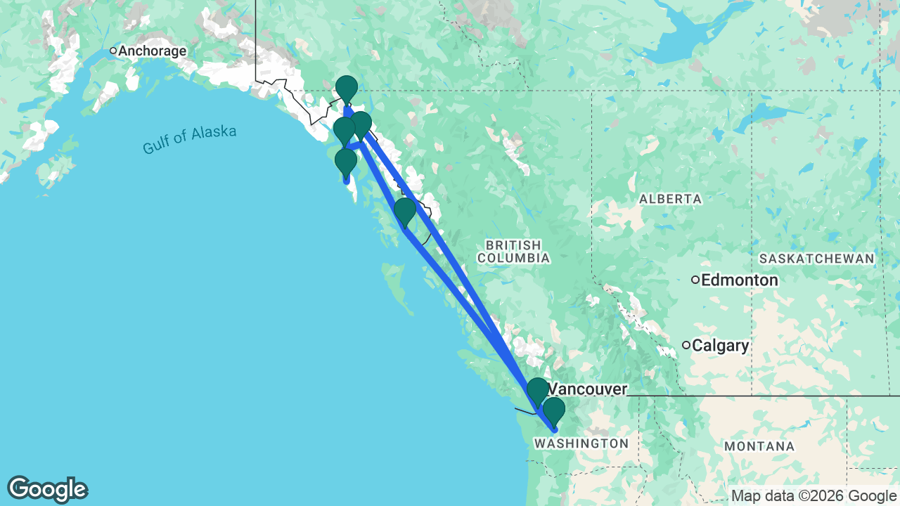 Route map: Seattle -> Ketchikan -> Juneau -> Icy Strait Point -> Sitka -> Skagway -> Victoria -> Seattle