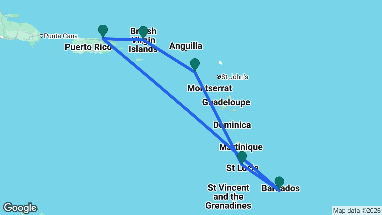 Route map: San Juan -> Tortola -> St. Kitts -> St. Lucia -> Barbados -> San Juan