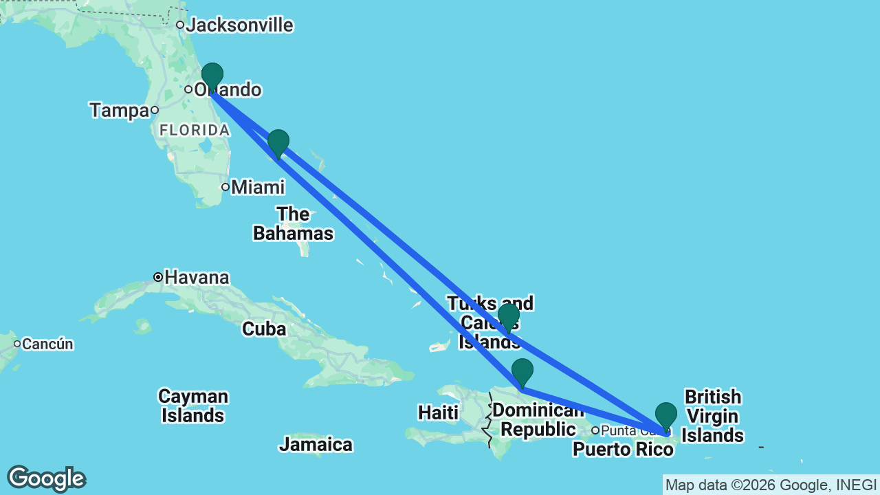 Route map: Port Canaveral -> Grand Turk -> San Juan -> Amber Cove -> Celebration Key -> Port Canaveral
