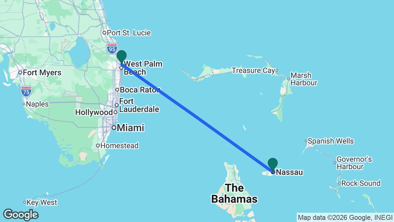 Route map: Palm Beach -> Nassau -> Palm Beach