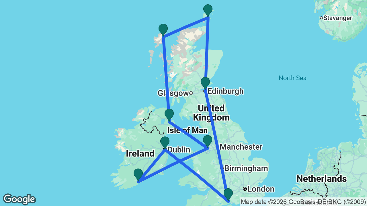 Route map: Southampton -> Edinburgh -> Kirkwall -> Stornoway -> Belfast -> Liverpool -> Cobh -> Dublin -> Southampton