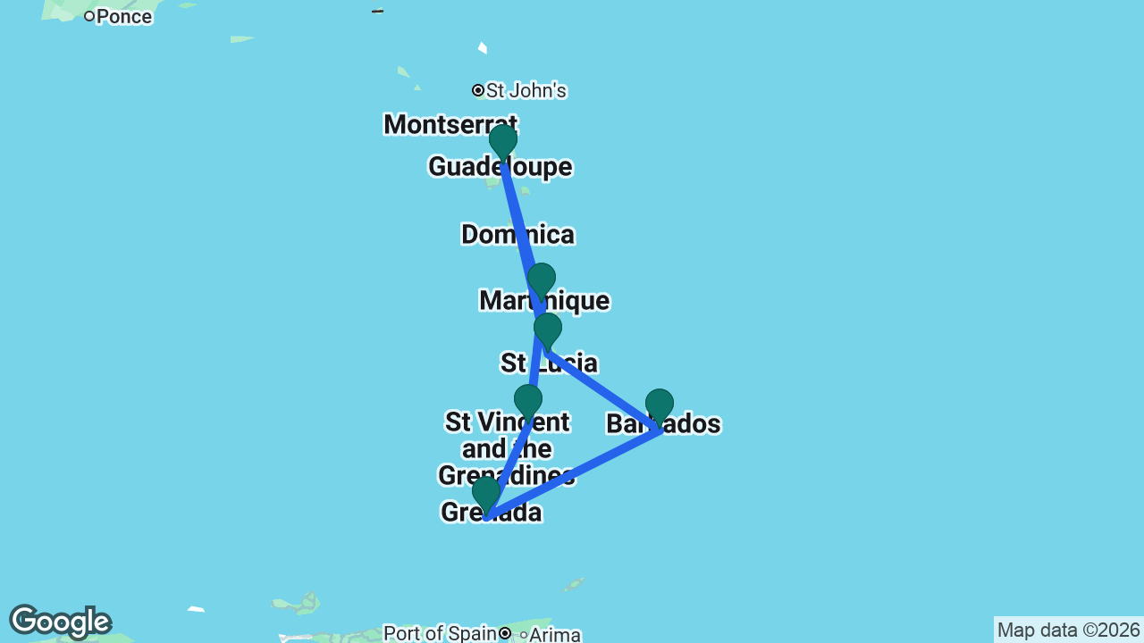 Route map: Martinique -> Guadeloupe -> St. Lucia -> Barbados -> Grenada -> St. Vincent -> Martinique