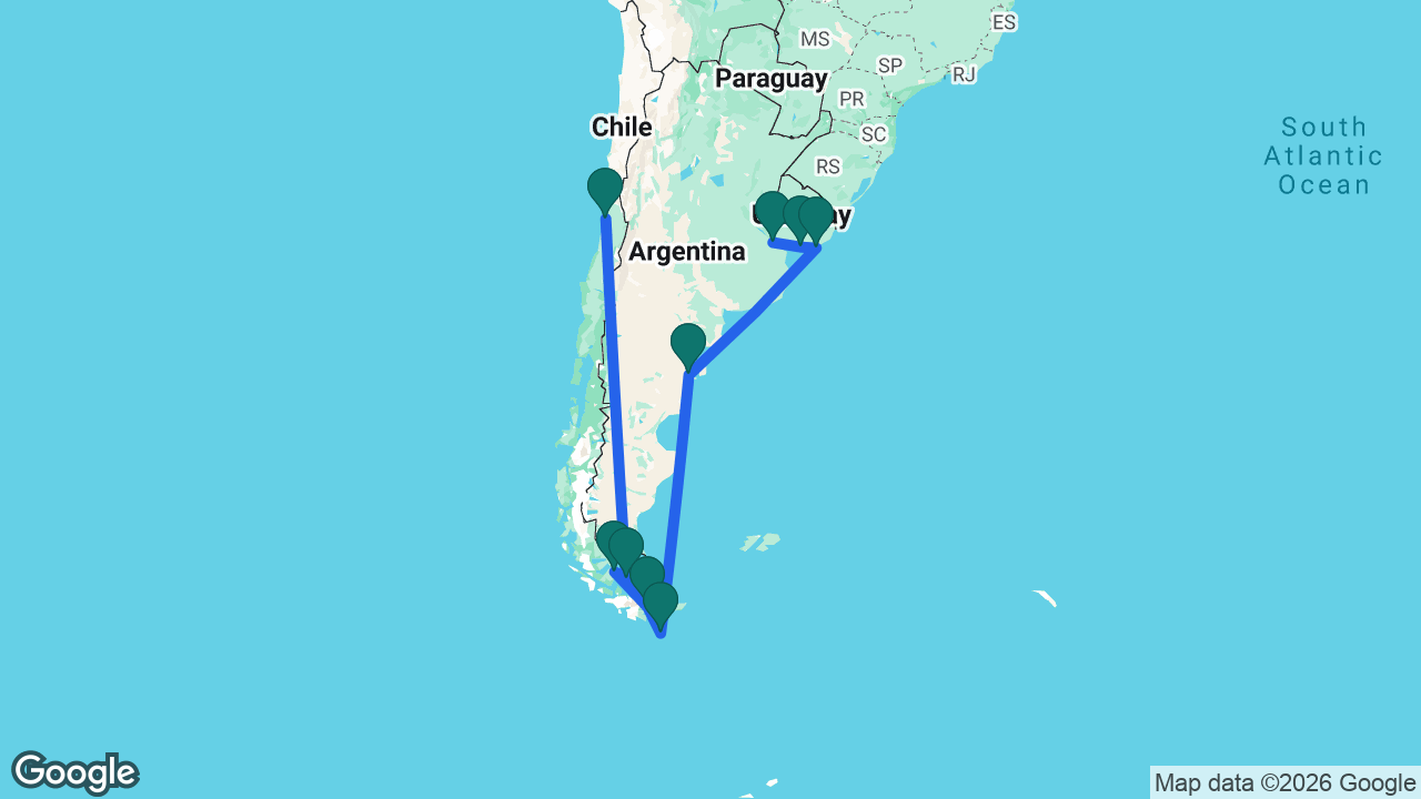 Route map: Santiago -> Strait of Magellan -> Punta Arenas -> Ushuaia -> Cape Horn -> Puerto Madryn -> Punta del Este -> Montevideo -> Buenos Aires
