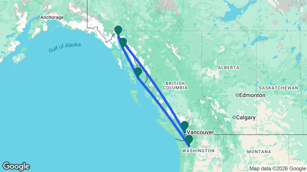 Route map: Seattle -> Ketchikan -> Juneau -> Skagway -> Vancouver