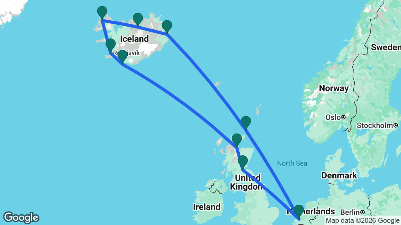 Route map: Rotterdam -> Kirkwall -> Seydisfjordur -> Akureyri -> Isafjordur -> Reykjavik -> Heimaey -> Invergordon -> South Queensferry -> Rotterdam