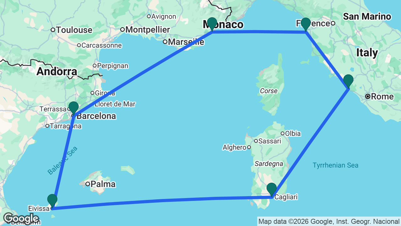 Route map: Rome -> Florence -> Cannes -> Barcelona -> Ibiza -> Cagliari -> Rome