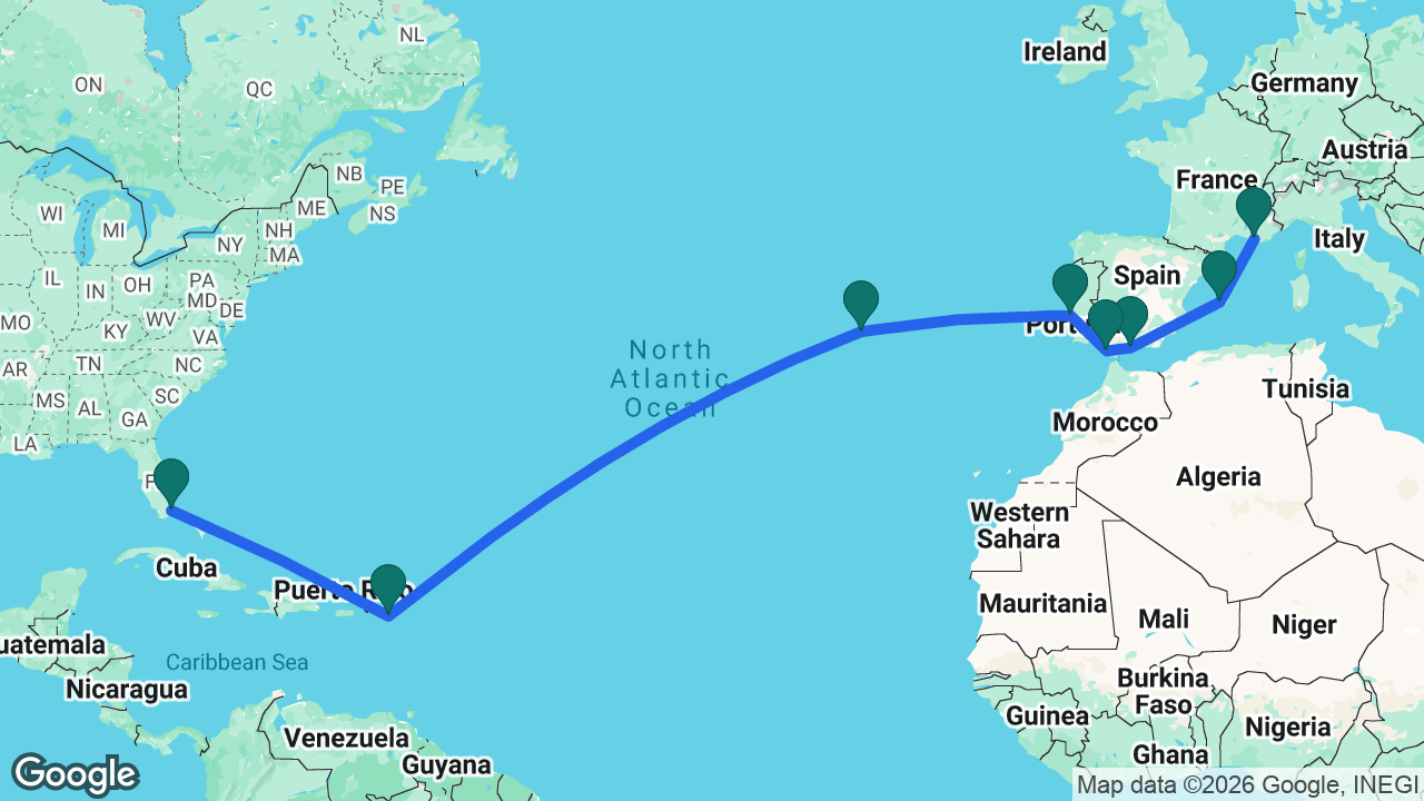 Route map: Miami -> St. Maarten -> Azores -> Lisbon -> Cádiz -> Málaga -> Mallorca -> Marseille
