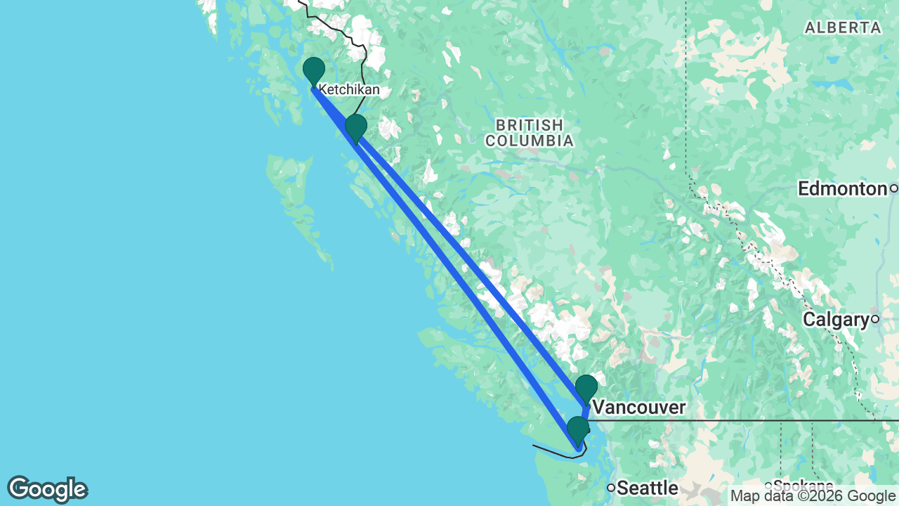 Route map: Vancouver -> Ketchikan -> Prince Rupert -> Victoria -> Vancouver