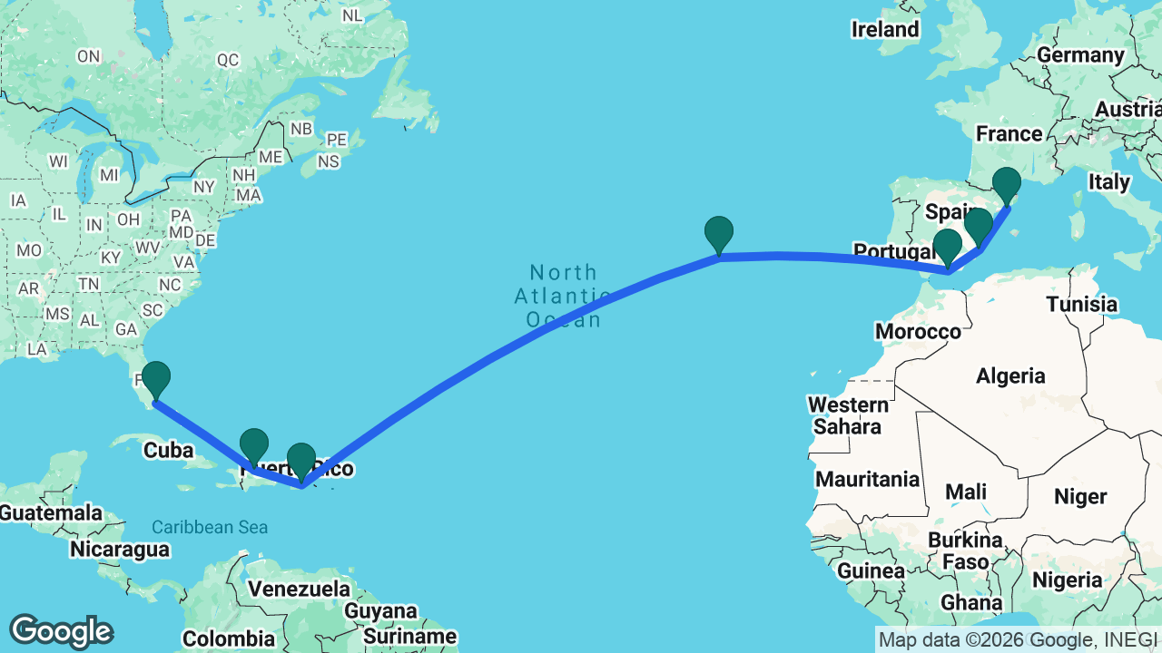 Route map: Miami -> Puerto Plata -> San Juan -> Azores -> Motril -> Alicante -> Barcelona
