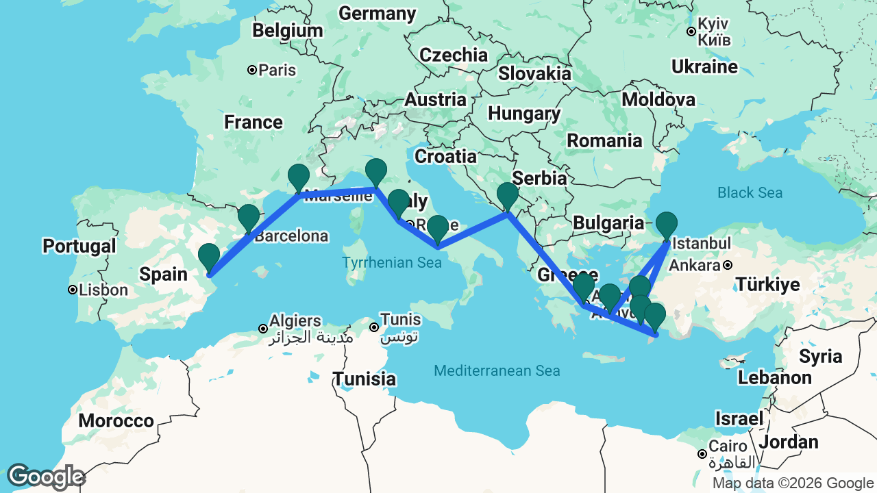 Route map: Barcelona -> Valencia -> Marseille -> Florence -> Rome -> Naples -> Kotor -> Athens -> Mykonos -> Istanbul -> Ephesus -> Kos -> Rhodes -> Athens