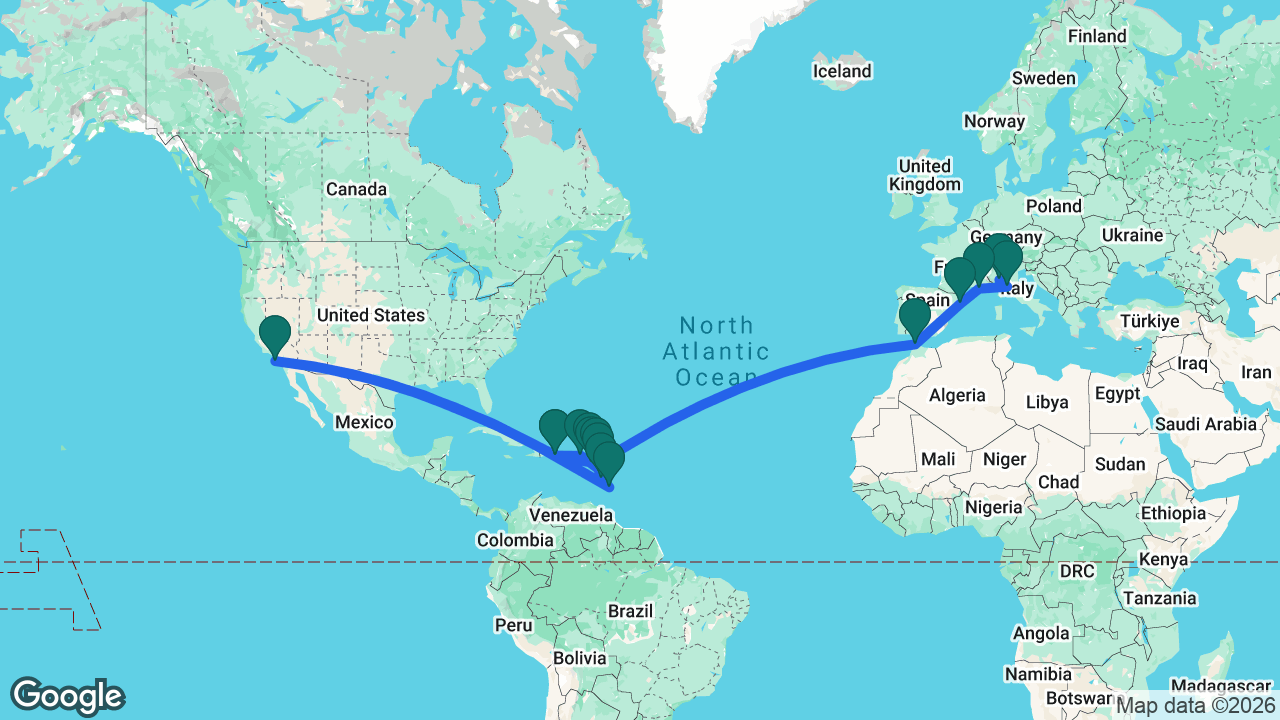 Route map: Genoa -> Florence -> Marseille -> Barcelona -> Tangier -> Antigua -> St. Maarten -> St. Kitts -> La Romana -> Catalina -> Barbados -> Martinique -> Guadeloupe -> Tortola -> La Romana