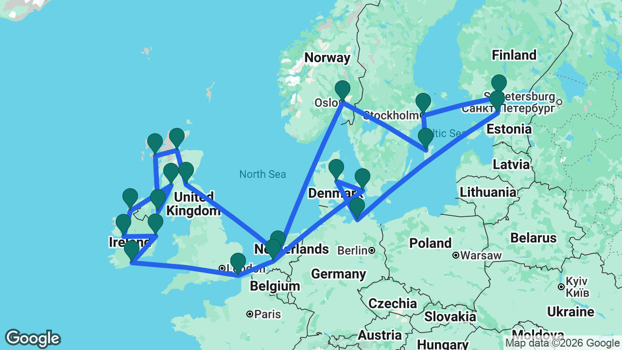 Route map: Dover -> Rotterdam -> Copenhagen -> Aarhus -> Berlin -> Tallinn -> Helsinki -> Stockholm -> Visby -> Oslo -> Amsterdam -> South Queensferry -> Invergordon -> Isle of Skye -> Belfast -> Glasgow -> Killybegs -> Galway -> Dún Laoghaire -> Ringaskiddy -> Dover