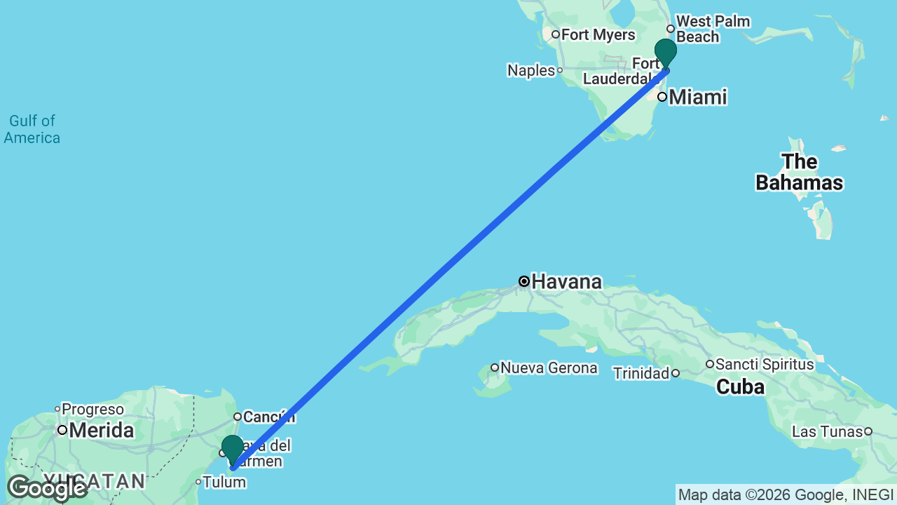 Route map: Fort Lauderdale -> Cozumel -> Fort Lauderdale