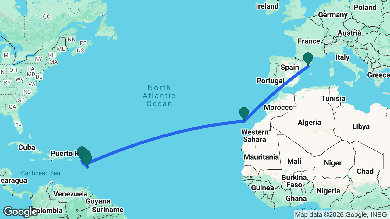 Route map: Guadeloupe -> St. Maarten -> St. Kitts -> Antigua -> Tenerife -> Barcelona