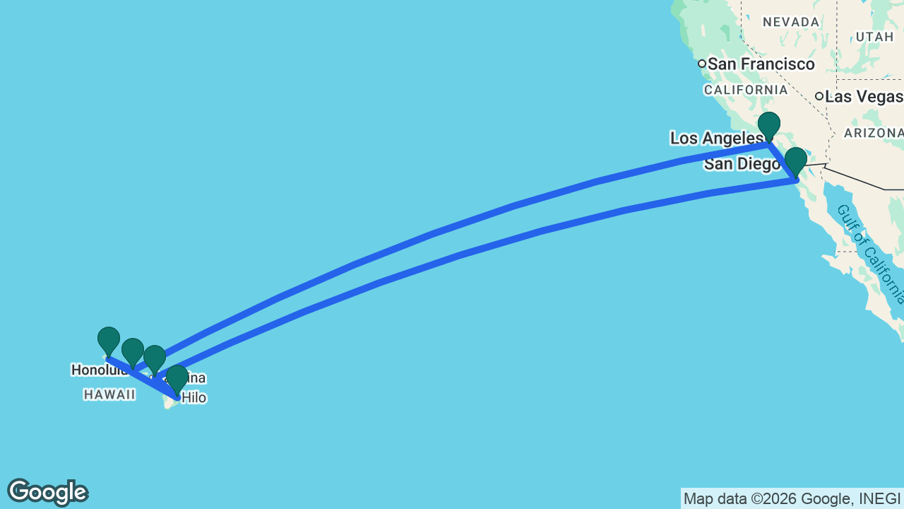 Route map: Los Angeles -> Honolulu -> Kauai -> Hilo -> Maui -> Ensenada -> Los Angeles