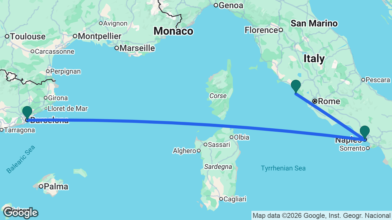 Route map: Rome -> Naples -> Barcelona