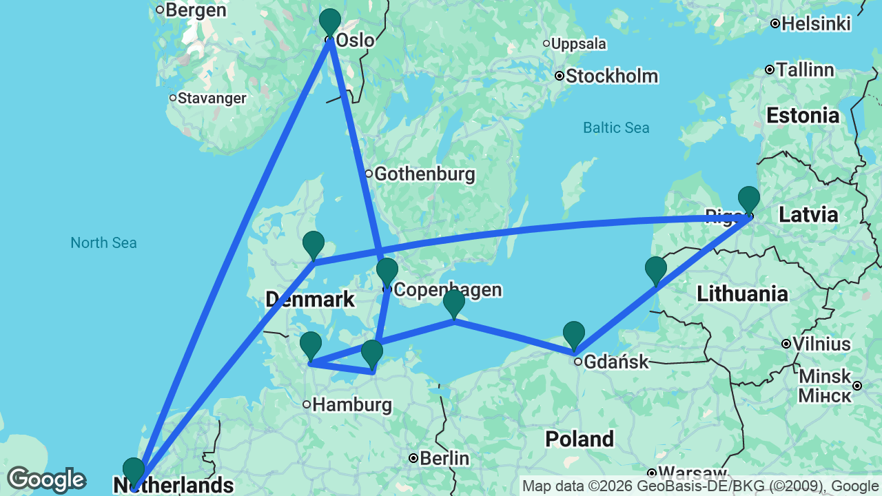 Route map: Rotterdam -> Oslo -> Copenhagen -> Berlin -> Kiel -> Rønne -> Gdansk -> Klaipeda -> Riga -> Aarhus -> Rotterdam