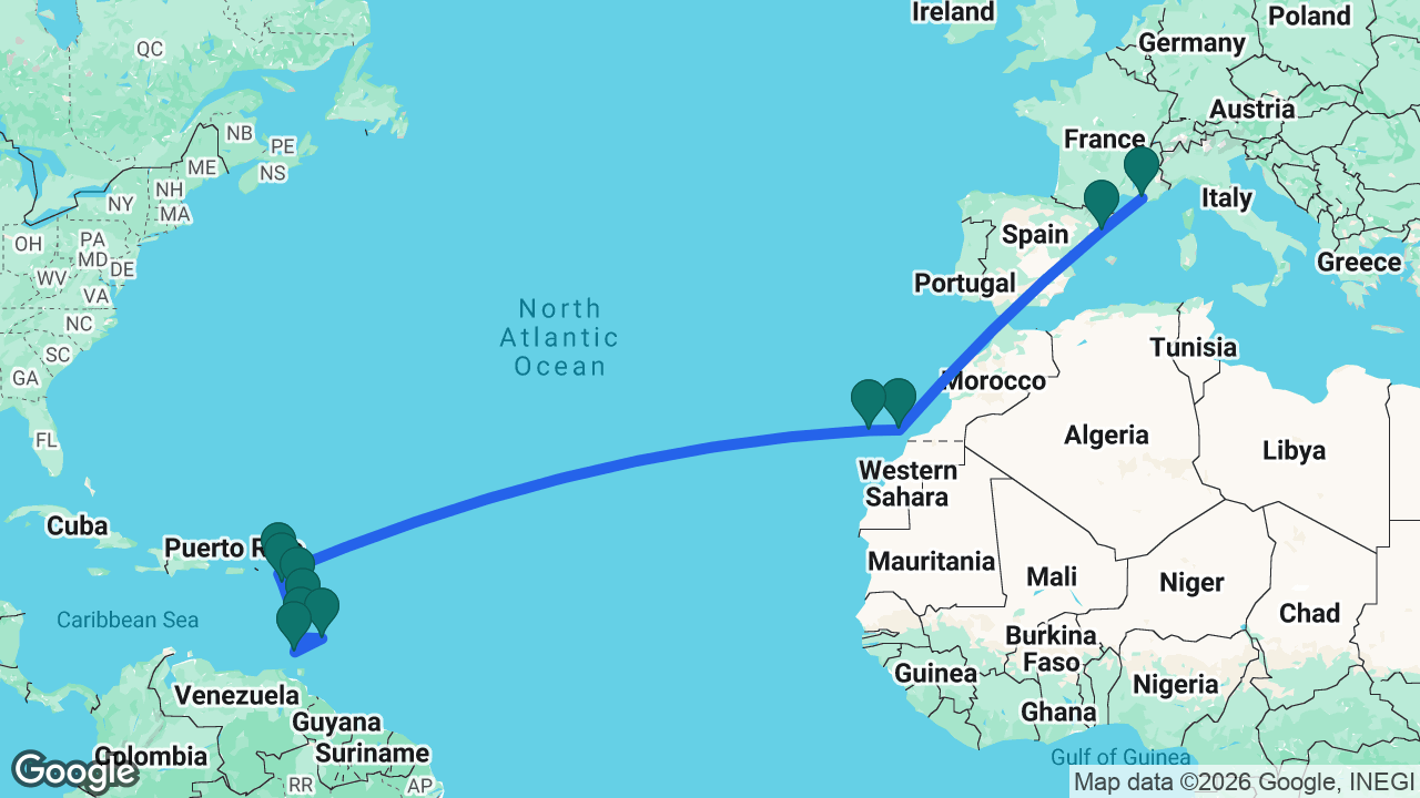 Route map: Marseille -> Barcelona -> Fuerteventura -> Tenerife -> St. Maarten -> St. Kitts -> St. Vincent -> Barbados -> Grenada -> Martinique -> Guadeloupe