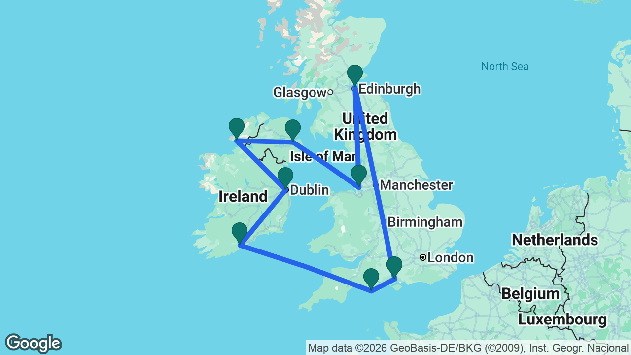 Route map: Southampton -> Edinburgh -> Liverpool -> Belfast -> Killybegs -> Dublin -> Cobh -> Portland -> Southampton