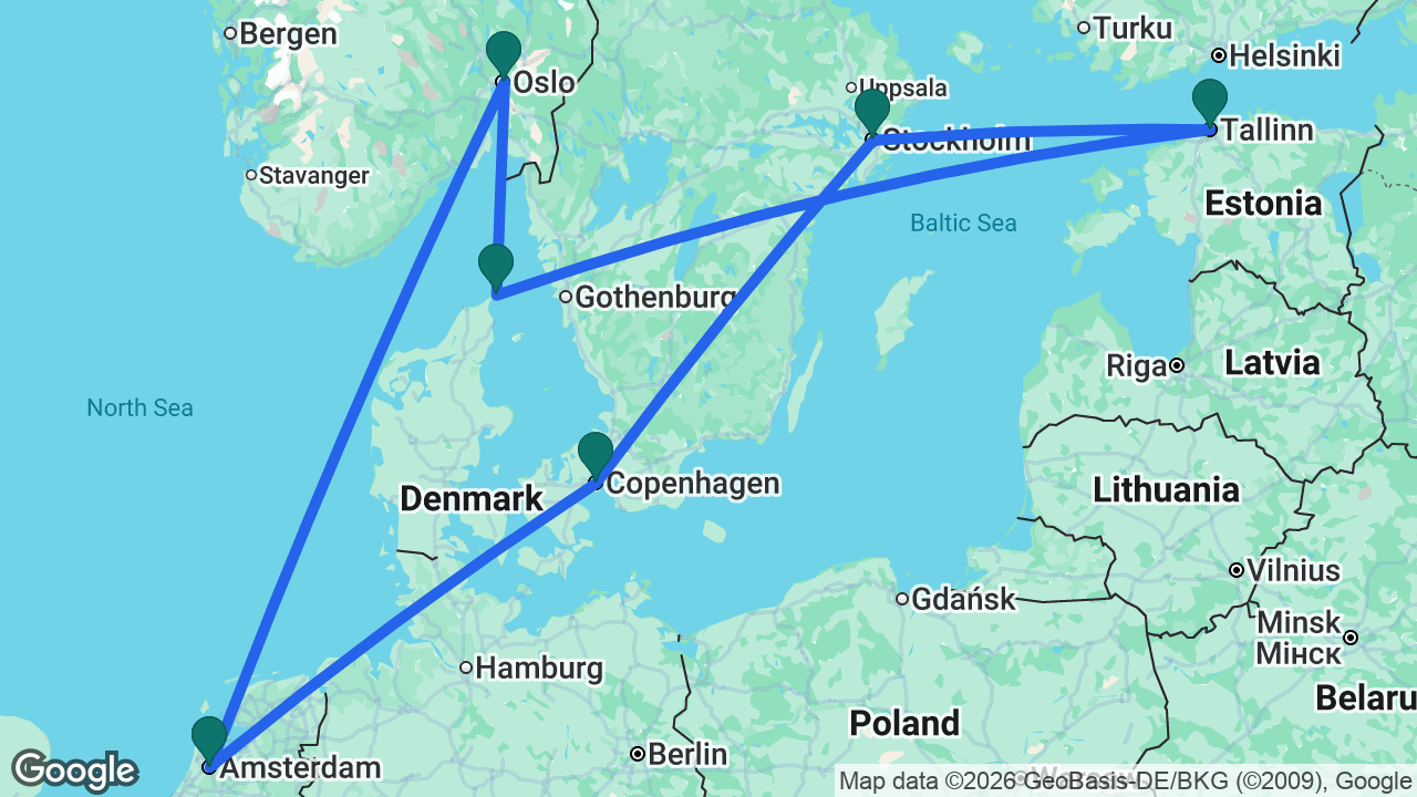 Route map: Amsterdam -> Oslo -> Skagen -> Tallinn -> Stockholm -> Copenhagen -> Amsterdam