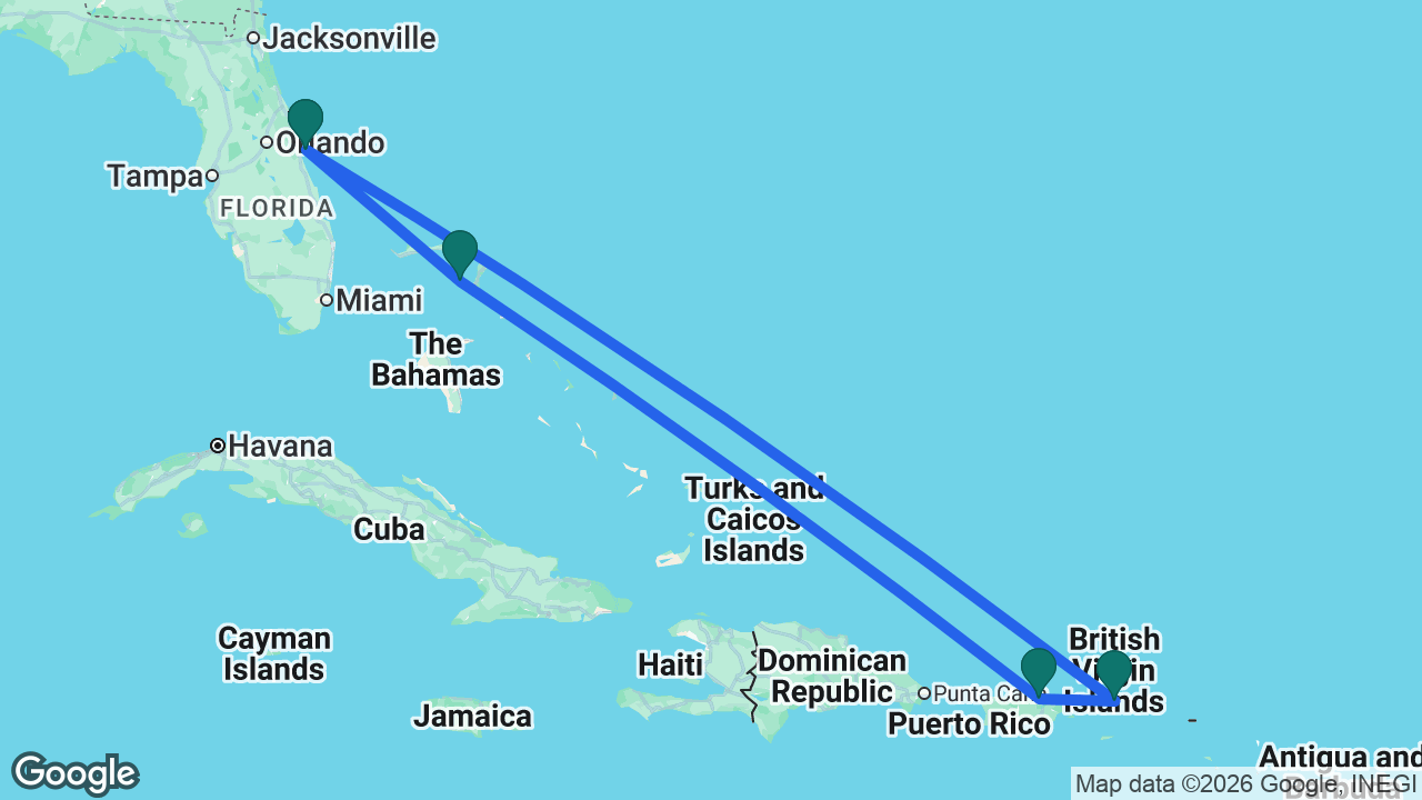 Route map: Port Canaveral -> Tortola -> San Juan -> Castaway Cay -> Port Canaveral
