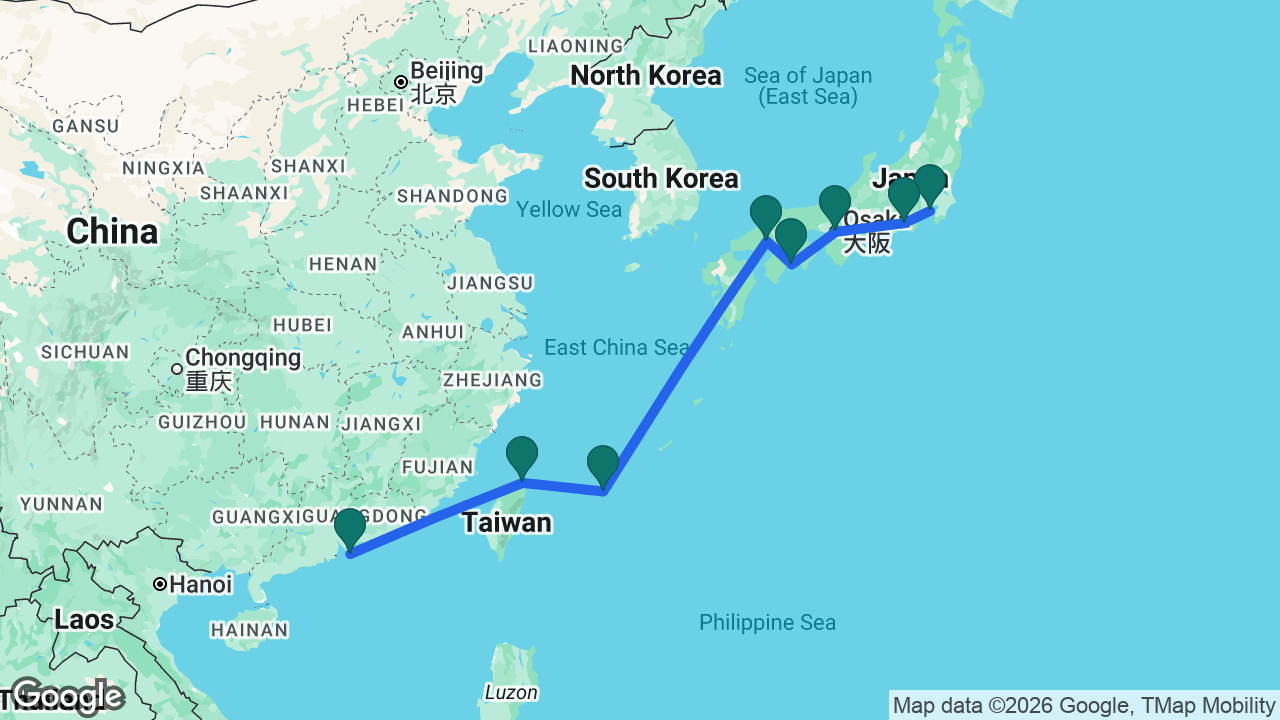 Route map: Tokyo -> Mount Fuji -> Osaka -> Kochi -> Hiroshima -> Miyakojima -> Keelung -> Hong Kong