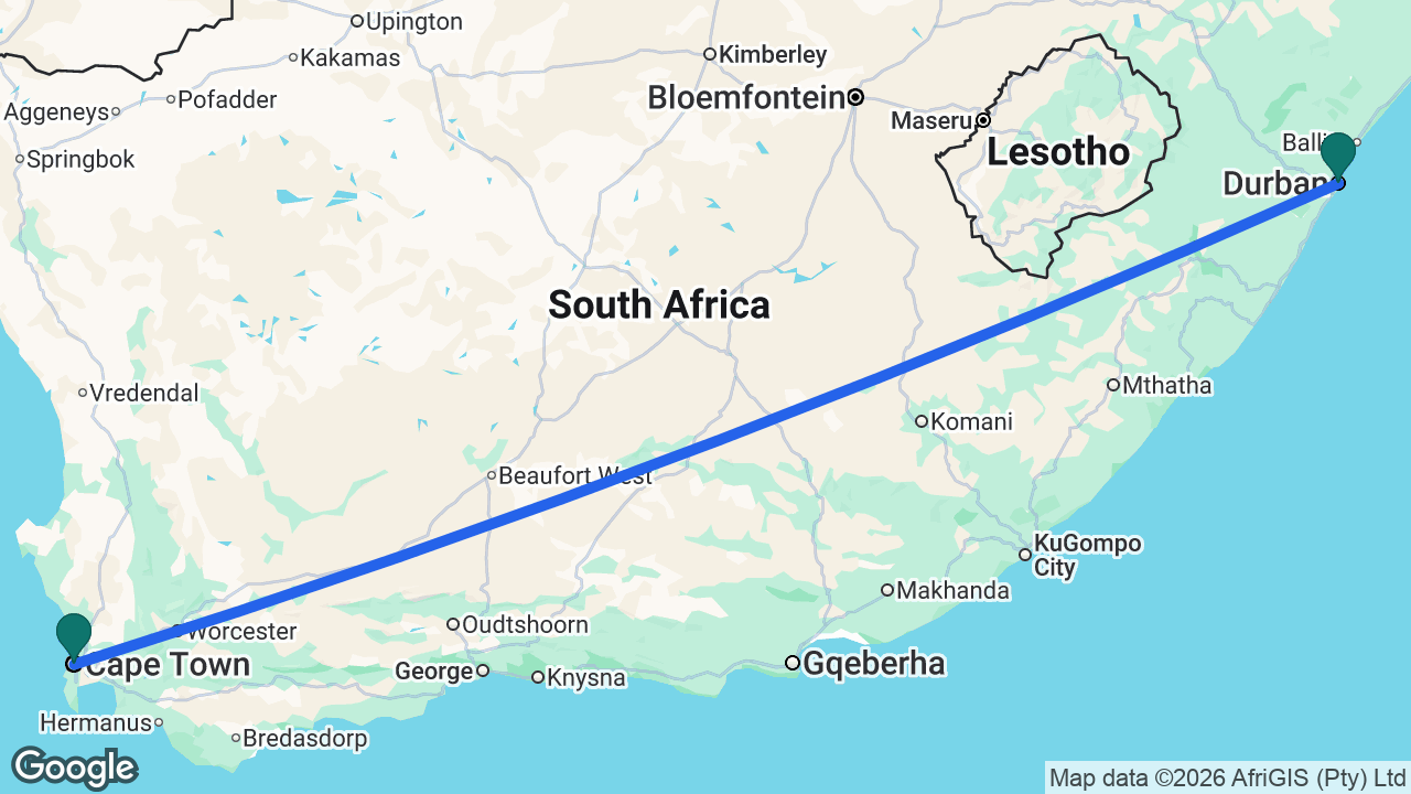 Route map: Durban -> Cape Town