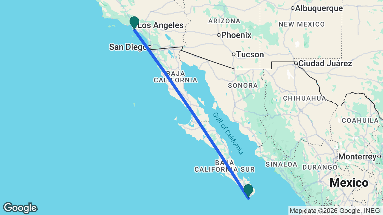 Route map: Los Angeles -> Cabo -> Los Angeles