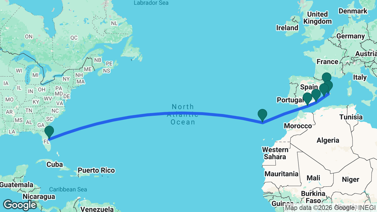 Route map: Port Canaveral -> Madeira -> Motril -> Cartagena -> Ibiza -> Mallorca -> Barcelona