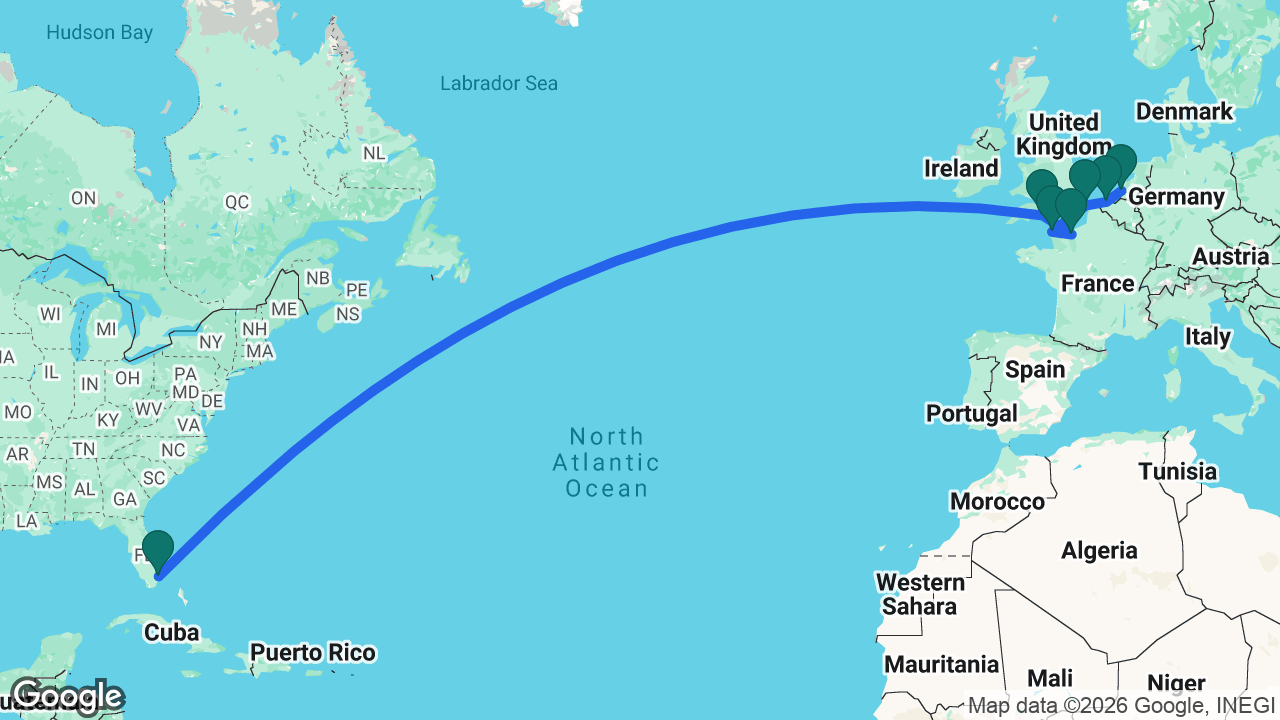 Route map: Rotterdam -> Bruges -> Dover -> Cherbourg -> Paris -> Portland -> Fort Lauderdale