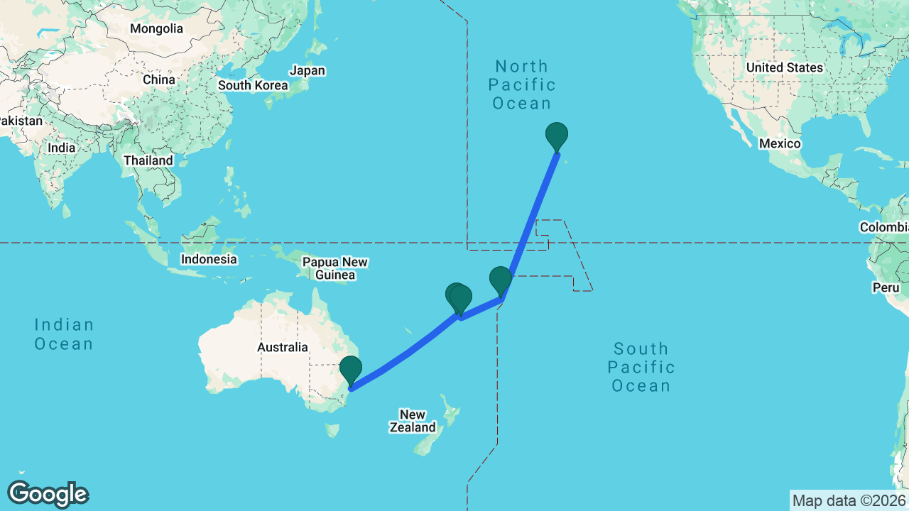 Route map: Sydney -> Lautoka -> Fiji -> Apia -> Honolulu