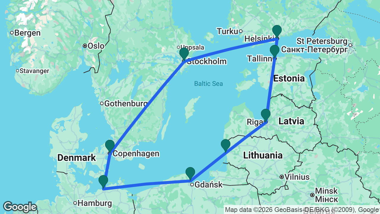 Route map: Copenhagen -> Berlin -> Gdansk -> Klaipeda -> Riga -> Tallinn -> Helsinki -> Stockholm -> Copenhagen